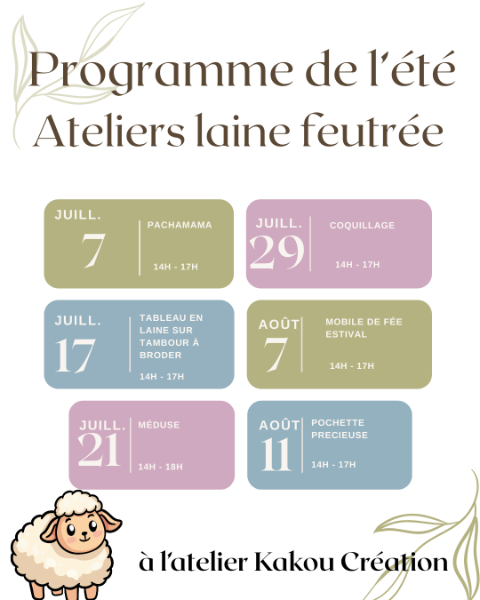 Le calendrier des ateliers chez Kakou Création été 2026 à Bédée